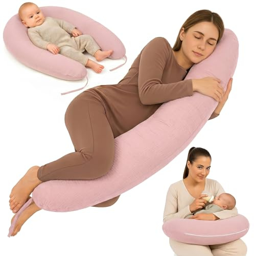 Amningskudde XXL Muslin Side Sleeper Kudde Graviditetskudde Positioneringskudde - Bomull Graviditetskudde Vuxen - 190 cm Puderrosa