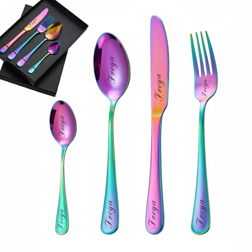 custyoulife Custom Engraved Cutlery Set, 1 Set of 4 Pieces, Stainless Steel, Modern, Rainbow, Flatware, Personalized Adult Cutlery Set, Fork, Knife, Spoon, Teaspoon, 3149296031