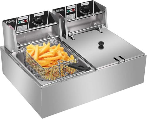 Friggitrice elettrica a Doppio Grasso, friggitrice Commerciale in Acciaio Inox da 5000W con cestello e Coperchio, friggitrice da banco per casa, Cucina, Ristorante