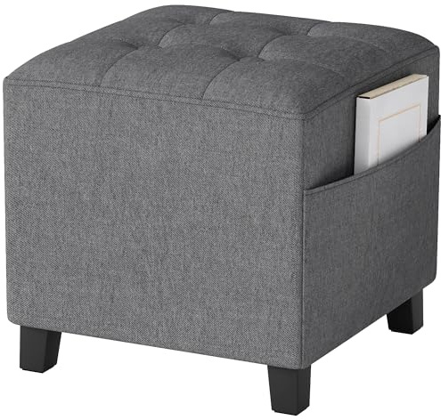 HOMCOM Poggiapiedi quadrato, piccolo pouf con tasca laterale, poggiapiedi in tessuto di lino, con gambe in legno di gomma e seduta imbottita per soggiorno, camera da letto, ingresso, 35 x 35 x 35 cm,