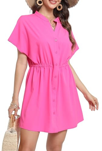 Koerye Donna Abito da Spiaggia Bottoni Vestito con Scollo a V Costumi da Bagno Bikini Cover Up Vita Stretta Abito Spiaggia Rosa