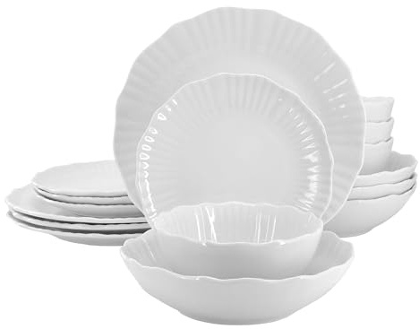 Elama Millie 16 Piece Scalloped Double Bowl Porcelain White Dinnerware Set, Serveware, Tableware, Bowls, Plate Set (Millie)
