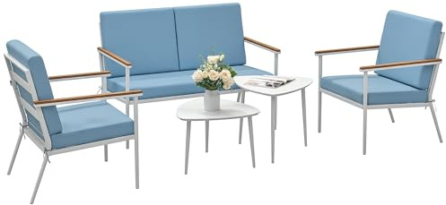 Outsunny Set Salotto da Giardino da 5 Pezzi, con Divanetto da Esterno a 2 Posti, 2 Poltrone, 2 Tavolo da Caffè con Piano in Vetro e Cuscini Sfoderabili, Set di Mobili per Terrazza e Patio, Azzurro