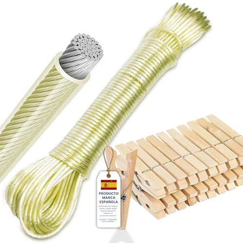 VITALIF® Cuerda Tendedero Exterior 20m Reforzada en Acero + 24 Pinzas de Madera | Cable Tendedero para Pared | Cuerda para Tender Ropa Exterior | Washing Line | Cuerda Tender Camping