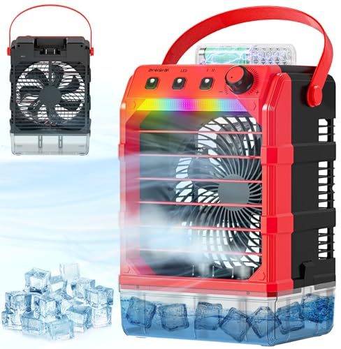 Ventilador de nebulización portátil compatible con batería de 18 V (sin batería) o alimentado por USB, ventilador de refrigeración para dormitorio con 7 luces, temporizador de 8 horas, tanque de agua
