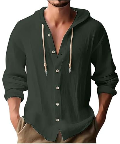 Generisch Men's Long-Sleeved Shirt, Linen Shirt, Men's Long Sleeve Lightweight Comfort Hoodie with Buttons, Casual Sports Shirts, Summer Fashion, Long Sleeve Shirt, Regular Fit, Casual Shirt, Airy