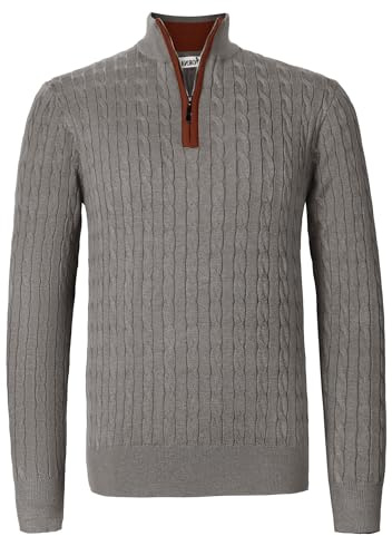 Atforna Maglione da uomo con colletto alto, maglione invernale a mezza zip, maglione da uomo, a maniche lunghe, con chiusura lampo, motivo a treccia, polsini, grigio., 3XL
