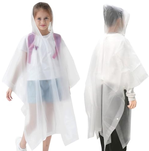 YUBBYSTU Kids Waterproof Rain Poncho, Reusable Waterproof Clear Rain Poncho EVA With Hood and Buttons for Lightweight Children Rain Cape for School Travel Outdoor