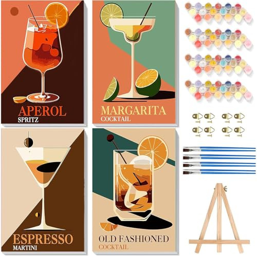 Viart 4 Pack Paint by Numbers for Adults with Frame - Wooden Easel Cocktail Paint by Numbers Kit for Adults Beginner, DIY Vintage Simple Paint by Number with Framed Canvas (8x12inch)