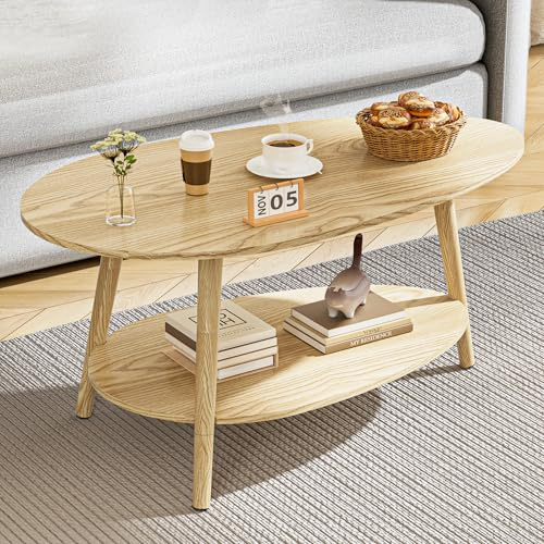 BonVache Oval Coffee Table,2-Tier Center Table with Storage Shelves, Tea Desk with Wood Legs,Small Desk for Small Space, Living Room Bedroom Apartment Home Office Nature