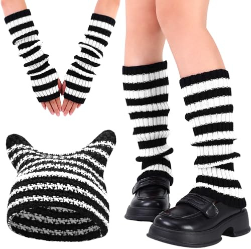 Utensilsto Y2k Wintermützen mit Katzenohren,Stricken gestreifte Arm-und Beinwärmer,modische Y2k-Accessoires,Outdoor-Aktivitäten für Frauen und Mädchen(Schwarz + Weiß)