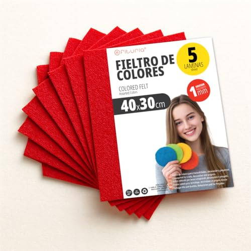 OFITURIA Feltro Colorato per Artigianato, Fai-da-te, Progetti Scolastici, Scrapbooking, Cucito Creativo e Decorazioni 40x30cm (Rosso Vivo, 5 pz)