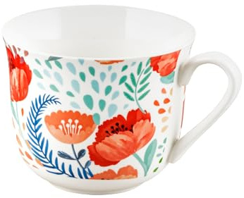 Baroni Home Tazza in Porcellana Decorata, Fantasia Papaveri, Tazza da Cappuccino, Cioccolata Calda, Tisana, Set da 1 pezzo, 14x11x10 cm