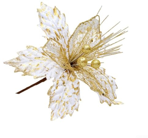 Poinsettia artificiel à paillettes pour décoration de sapin de Noël, fête, décoration d'intérieur, boules de Noël à suspendre, 22 cm (doré)