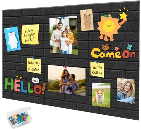 Große Filz Pinnwand Selbstklebend, 90x60cm Filzboard, 1cm Dick Filz-Wandfliesen mit 35 Pushpins, Memotafeln Memo Boards Bulletin Board Wanddekoration für Büro Küche Schule (Schwarz)