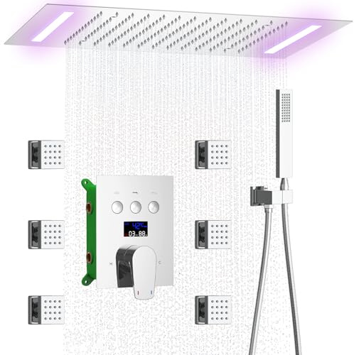 KAITAIHD Chrome Shower Mixer Set 14X20 inch Shower Head System | Temperature Display Shower Faucet, Ceiling Rainfall Shower, 6 Body Jets, Handheld Spray