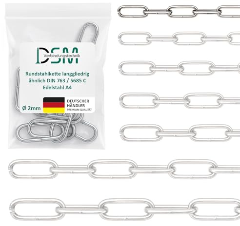 DSM – Chaîne acier 2 mm Ø long maillon, type similaire DIN 763/5685C – Acier inox A4 – inoxydable – Pour Jardin, bateau, atelier & déco – Charge rupture 120 kg – 50 m