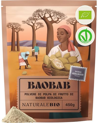 NaturaleBio Baobab biologico in polvere 450g. Superfood ricco di fibre e vitamina C. Polpa cruda di baobab africano. Vegano, non OGM.