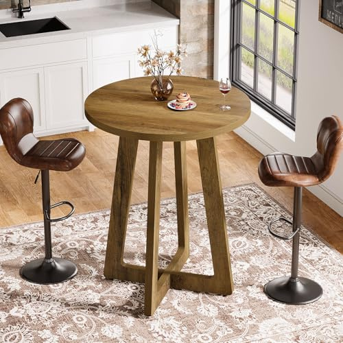 Tribesigns Round Bar Table, 40.15 Bar Height, Bistro Pub Table for Small Bars, Living Room, Kitchen, Brown (Only Table)
