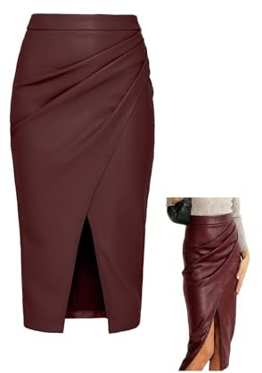 Women’s Faux Leather Skirt High Waisted Stretchy Pencil Skirts, Front Slit Midi Skirt Pleated, Fitted Styles are Suitable for The Workplace and Parties (M,Wine Red)