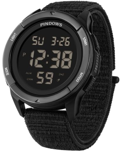 PINDOWS Herren Digitaluhr, 50M Wasserdicht Militär Taktisch Outdoor Sport | 10M sturzfestes Gehäuse, 3X helle LED und ein stufenlos verstellbares, atmungsaktives Nylonband für perfekten Sitz