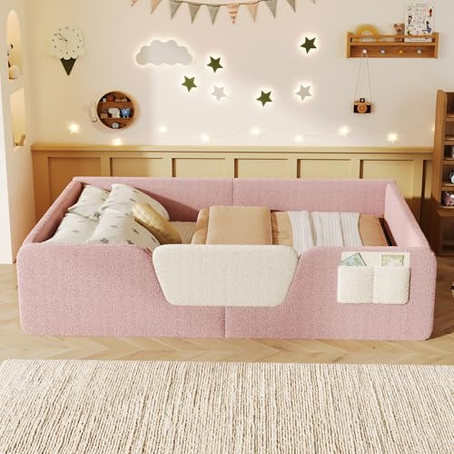 TIZZ 140 x 190 cm, cama tapizada, sin colchón, rejillas de seguridad extraíbles, bolsa de tela integrada para almacenamiento, terciopelo único, color rosa