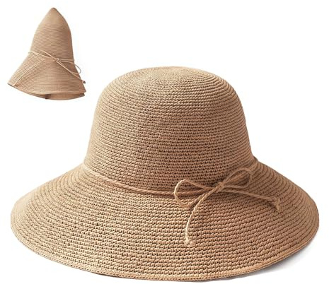 LuminaVerde Sonnenhut Damen Faltbarer Strohhut Damen Sommerhut mit Breiter Krempe 10CM UV Schutz Sonnenhut Sommer Naturstroh Atmungsaktiv Strandhut Hut Damen Verstellbar 55-58CM