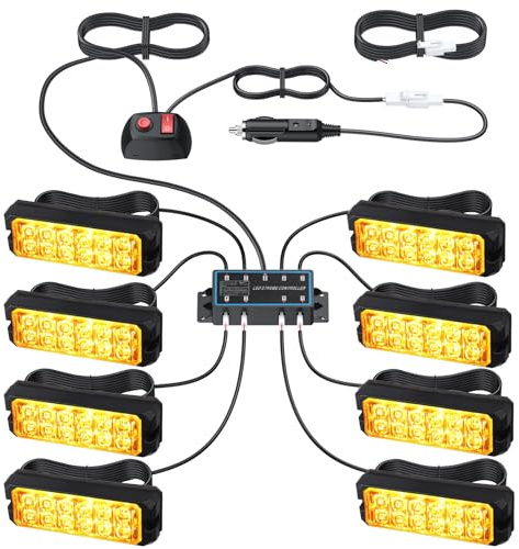 DTEANJU 8x12LED Luce Stroboscopica Ambra 12/24V con 14 Modelli di Strobo | Luce Lampeggiante di Emergenza Impermeabile IP65 con Scatola di Controllo/Accendisigari/Cavo per Camion Furgoni Auto Trattori