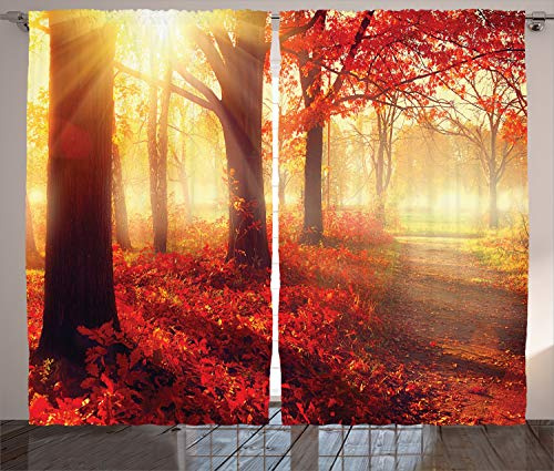 ABAKUHAUS Fallen Rustikaler Vorhang, Misty Morgen im Wald, Wohnzimmer Universalband Gardinen mit Schlaufen und Haken, 280 x 175 cm, Gelb Rot