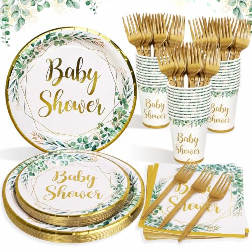 Heboland Baby Shower Vaisselle de Fête Assiette Sert 25 Invités,125pcs Neutre Bapteme Vaisselle Vert Sauge, Fournitures pour Décoration Baby Shower Garçon et Fille