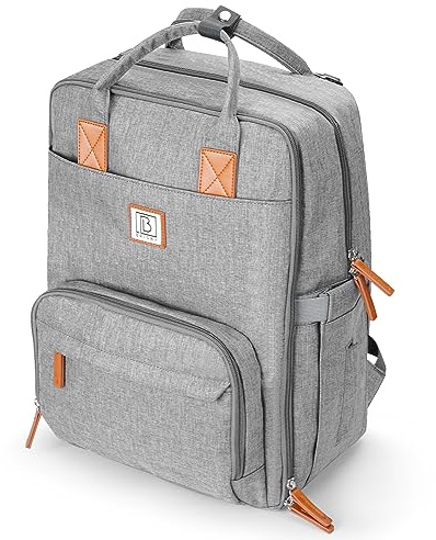 Brisby Wickelrucksack groß - Wickeltasche kinderwagen mit isoliertes Frontfach, Babytasche mit Wickelunterlage und Buggy-Montage in Farbe Hellgrau