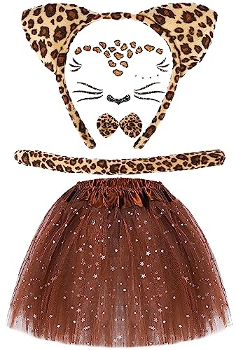Hifot Set med 4 katt flicka kostym, leopard pannband kattöron fluga tutu-svans tillfälliga klistermärken leopard, flicka kostym katt pojke djur kostym halloween flicka
