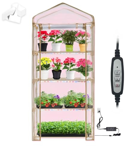 Purlyu Mini Invernadero con luz de Crecimiento, 4 Niveles de 27.2 x 19.9 x 61.8 Pulgadas, Invernadero portátil con Cremallera para bandejas de Inicio de Semillas, luz Regulable de 2 pies y 60 W para