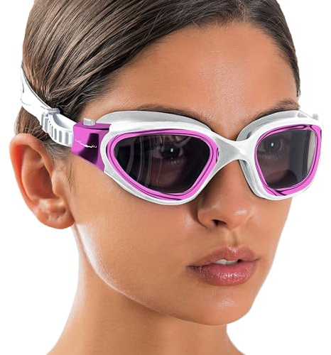 AqtivAqua simglasögon, simglasögon för vuxna och barn, för barn 6-14 år, män och kvinnor, simglasögon för barn, pojkar och flickor, polariserade DX-P (metalliskt rosa, rött etui, polariserade linser).