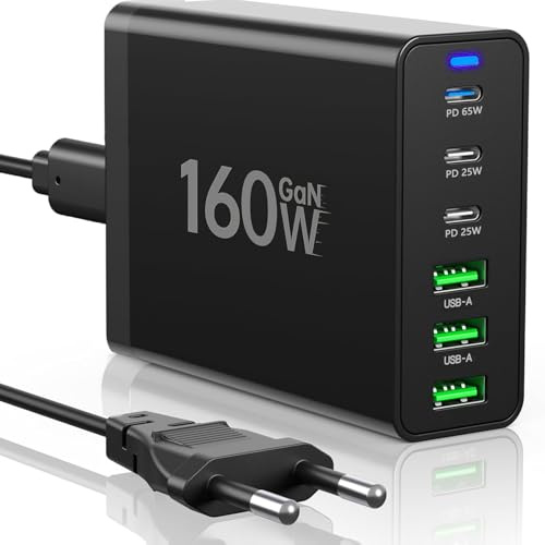 USB C Ladegerät,160W GaN 6 Port Mehrfach Ladestation, kompatibel mit iPhone