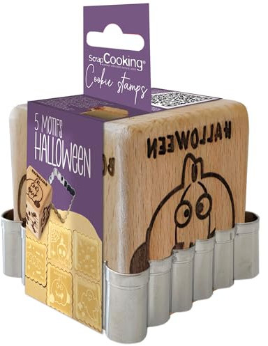 ScrapCooking 5298 - Sello de madera con diseño de Halloween, con 1 cortador de galletas y cubos con 5 caras grabadas en relieve, molde de decoración mágica, cumpleaños