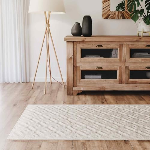 Interiyou Teppich Wohnzimmer Lecce - 70x200 cm Creme - Für Schlafzimmer, Esszimmer, Kinderzimmer - Kurzflorteppich skandinavisches Boho Muster - Hoch-Tief Effekt - Flach mit Geometrischem Muster
