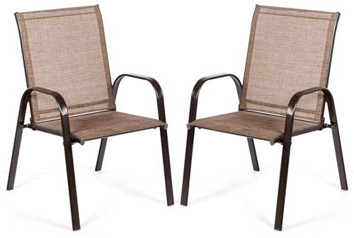 COSTWAY Set med 2 trädgårdsstolar med armstöd, terrassstolar av textil- och metallram, balkongstolar kan belastas upp till 200 kg, för trädgård, balkong, poolområde, 56 x 72 x 90 cm, brun