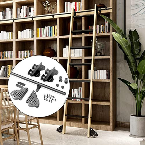 Barn Sliding Door Kit, Round Tube Mobile Rail/Rail Rail, Concealed Stair Hardware Bookcase for Home/Indoor/Attic, with Roller Wheels for Floor (No Ladder) (