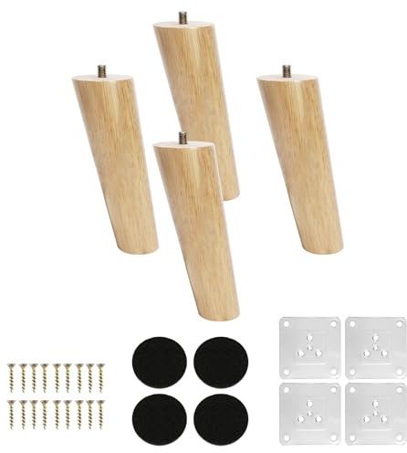 KINDPMA 4 Pièces Pieds de Meuble 15 cm, Pieds de Meuble Inclinés en Bois, Pieds D'armoire avec Plaques de Montage, vis et Coussinets en Caoutchouc Silencieux pour Canapé, TV, Placard, Lit, Table
