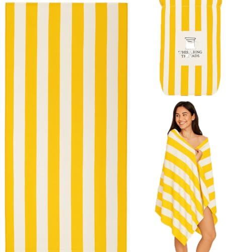 Whispering Threads Large Beach Towel for Adults Highly Absorbent Cabana Microfibre Pool Towel with Bag, Double Sided Print Lightweight Sand Free Bath Towel for Pool Camping Gym Yoga (180x90cm) Yellow