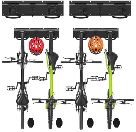 VOUNOT® Soporte de Pared para Bicicletas Portabicicletas Pared Vertical Ganchos para 4 Bicis 2 Cascos Estante de Almacenamiento Bicicleta con Almohadillas de Silicona Aparcabicicletas para Garaje Casa