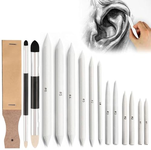 Blending Stumps, 15 PCS Drawing Set Includes 12 PCS Blending Pencil 1 PCS Sandpaper Board 2 PCS Double Head Sponge Pencil Eraser, Pencil Blender for Artist Professional Sketch Drawing Blending