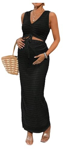 Milumia Women's Maternity 2 Piece Outfits Textured Drawstring Tie Knot Tank Top Bodycon Maxi Skirt Sets Black X-Large