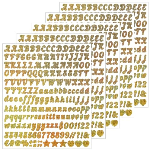 BINLINHONGO 995 Glitter Small Alphabet Number Stickers, 5 Sheets 0.5 Inch Self-Adhesive Vinyl Letter Sticker Decals for Scrapbooks, Signs, Greeting Cards, Water Bottles, Crafts - Gold