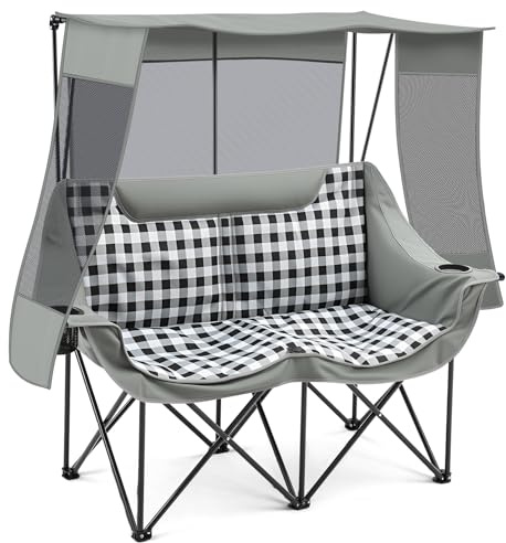 Teenyyou Double Camping Chair with Canopy 660lbs Heavy Duty, Grey Plaid | Outdoor Sport 2 Person Beach Chair with Shade, Folding Portable Lawn Chair with Umbrella, Cup Holder & Storage, UV Protection