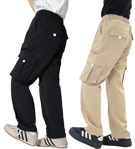 LIUNLU 2 PackX18332 Cargo Pants for Boys, 9-10Y Outdoor Quick Dry Hiking Boys Pants, Lightweight Athletic Pants with Pockets Multiple Colors
