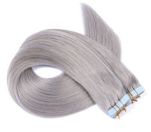 Tape In - On Hair Extensions - # SILVER - 60cm - 20 Tressen je 4cm Breit / 2,5g - 100% Remy Echthaar Haarverlängerung/Extention mit Klebeband Tressen by NOVON Hair Extentions