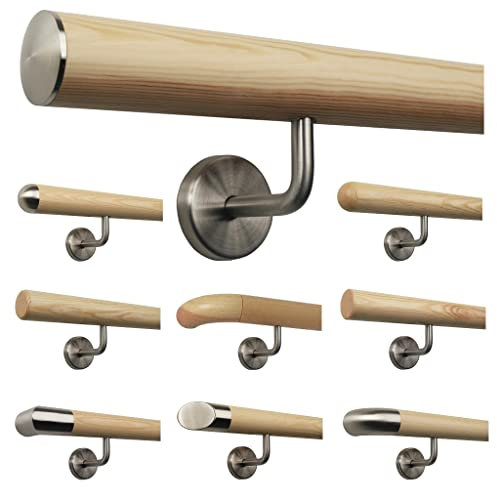TIBU Kiefer Handlauf Treppen Geländer Handläufer 30-500 cm aus einem Stück mit Edelstahl Handlaufhalter, Länge 350 cm mit 5 Halter leicht gewölbte Edelstahlkappe