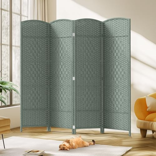 JOSTYLE Folding Privacy Room Divider, 4 Panel Screen Divider 6 ft. Tall Freestanding Extra Wide Rattan Room Partition Wall Separation Dividers, Grey, 70.9 H x 79.9 W